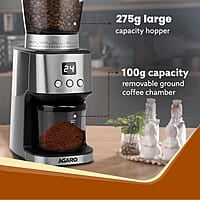 AGARO Supreme Coffee Grinder, Conical Burr Grinder, 31 Grinding Settings, Pulse Mode, Adjustable Digital Timer