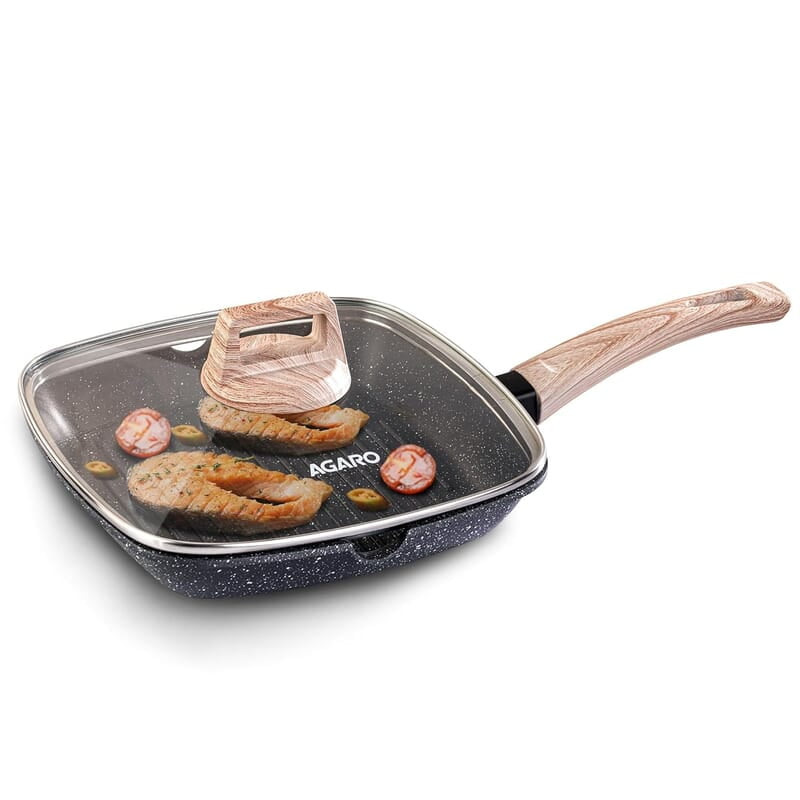 AGARO Imperial Granite Non Stick Grill pan with Glass Lid, 1.8L/ 24cm, Cast Aluminium Body