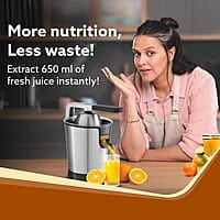 AGARO Regency Electric Citrus Juicer 350W, 650 ml, Pulp Regulator, AC Copper Motor, 2 Cones For All Citrus fruits, 2 filters, Anti Drip, Stainless Steel Body, Silver & Black
