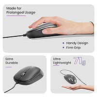 Ambrane Wired USB Mouse, Plug & Play, High Resolution 1600 DPI Optical Sensor, 3-Button Design, Clickable Scroll Wheel, Ambidextrous, Ergonomic Mouse for Comfortable All-Day Grip