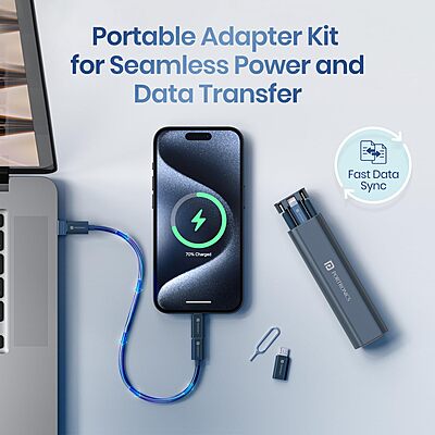 Portronics Snapcase 3 – 60W Charging Cable Kit, Blue. This versatile kit includes high-speed charging cables, perfect for powering devices quickly and efficiently. Durable and stylish design.