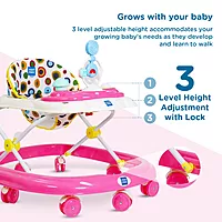 Mee Mee Baby Walker with 3-Level Adjustable Height – Red | Musical Tray
