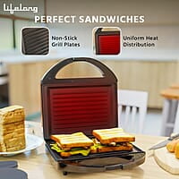 Lifelong LLSM120G Sandwich Griller, Classic Pro 750 W Sandwich Maker with 4 Slice Non-Stick Fixed Plates