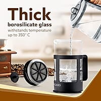 AGARO Delite French Press Coffee And Tea Maker, Borosilicate Glass Body With Sleeves, Glass Carafe, BPA Free Plastic Lid Strainer, 600Ml