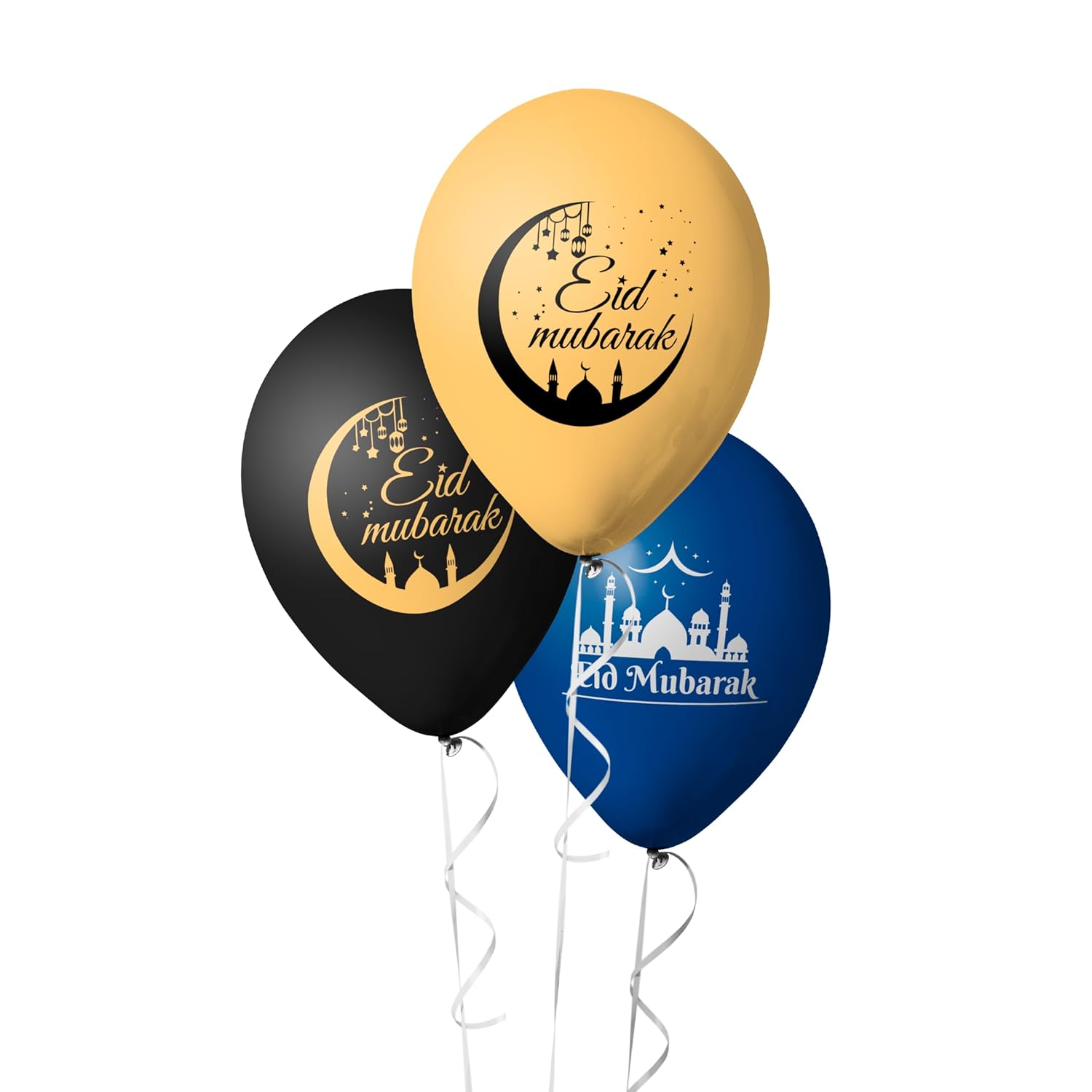 Pack of 15pcs Eid Mubarak Balloons for Ramadan Decorations – Black, Gold & Blue Latex Balloons for Eid Party & Home Decor