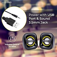 Lapcare LUS‑040: compact 2.0‑channel multimedia USB speaker (3 W × 2), 180 Hz–20 kHz frequency range, wired volume control, USB‑powered—plug & play, 1‑yr warranty.