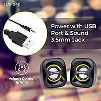 Lapcare LUS‑040: compact 2.0‑channel multimedia USB speaker (3 W × 2), 180 Hz–20 kHz frequency range, wired volume control, USB‑powered—plug & play, 1‑yr warranty.