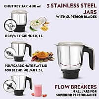 Borosil 750W Infinity Mixer Grinder with 4 Stainless Steel Jars (1.5L Jar with Fruit Filter, 1.5L Blending Jar, 1L Dry/Wet Grinder Jar, 400ml Chutnery Jar), Kitchen Mixie, 5 Years Warranty on Motor