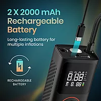 Portronics VAYU Tyre Inflator – 4000mAh Portable | Torch | Rechargeable  | Black | 1 Year Warranty