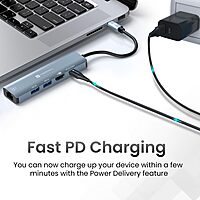 Portronics Mport 51 – A versatile 5-in-1 USB-C hub featuring HDMI for 4K video output, LAN for stable internet, and multiple USB ports for seamless connectivity and enhanced productivity.