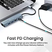 Portronics Mport 51 – A versatile 5-in-1 USB-C hub featuring HDMI for 4K video output, LAN for stable internet, and multiple USB ports for seamless connectivity and enhanced productivity.