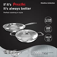 Preethi Metallica Collection Triply Stainless Steel set, 26 cm Kadai with Glass Lid, 26 cm Fry Pan, Gas & Induction Compatible