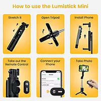 Portronics Lumistick Mini – 3-in-1 Selfie Stick, Black. Compact design, built-in LED light, and Bluetooth remote. Perfect for selfies, group photos, and video calls. Lightweight and portable.