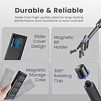 Portronics Bit Box – 24-in-1 Screwdriver Kit Black is a versatile toolset featuring 24 interchangeable bits, a durable handle, and a compact design, perfect for home repairs and DIY projects.