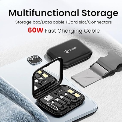 Portronics Snapcase 60W Multifunctional Fast Charging Data Cable Kit, Conversion Set USB A & Type C to Male Micro/Type C/Lightning,Data Transfer,Sim Storage,Sim Eject Pin,Pocket Mirror,Phone Holder Portronics Snapcase 60W Multifunctional Fast Charging Data Cable Kit, Conversion Set USB A & Type C to Male Micro/Type C/Lightning,Data Transfer,Sim Storage,Sim Eject Pin,Pocket Mirror,Phone Holder