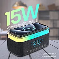 Portronics Trifusion 16W Bluetooth Speaker – HD Sound | 15W Wireless Charging | 360° RGB LED Lights | Digital Clock with Alarm | USB/SD Card/AUX | Type-C Charging | Black