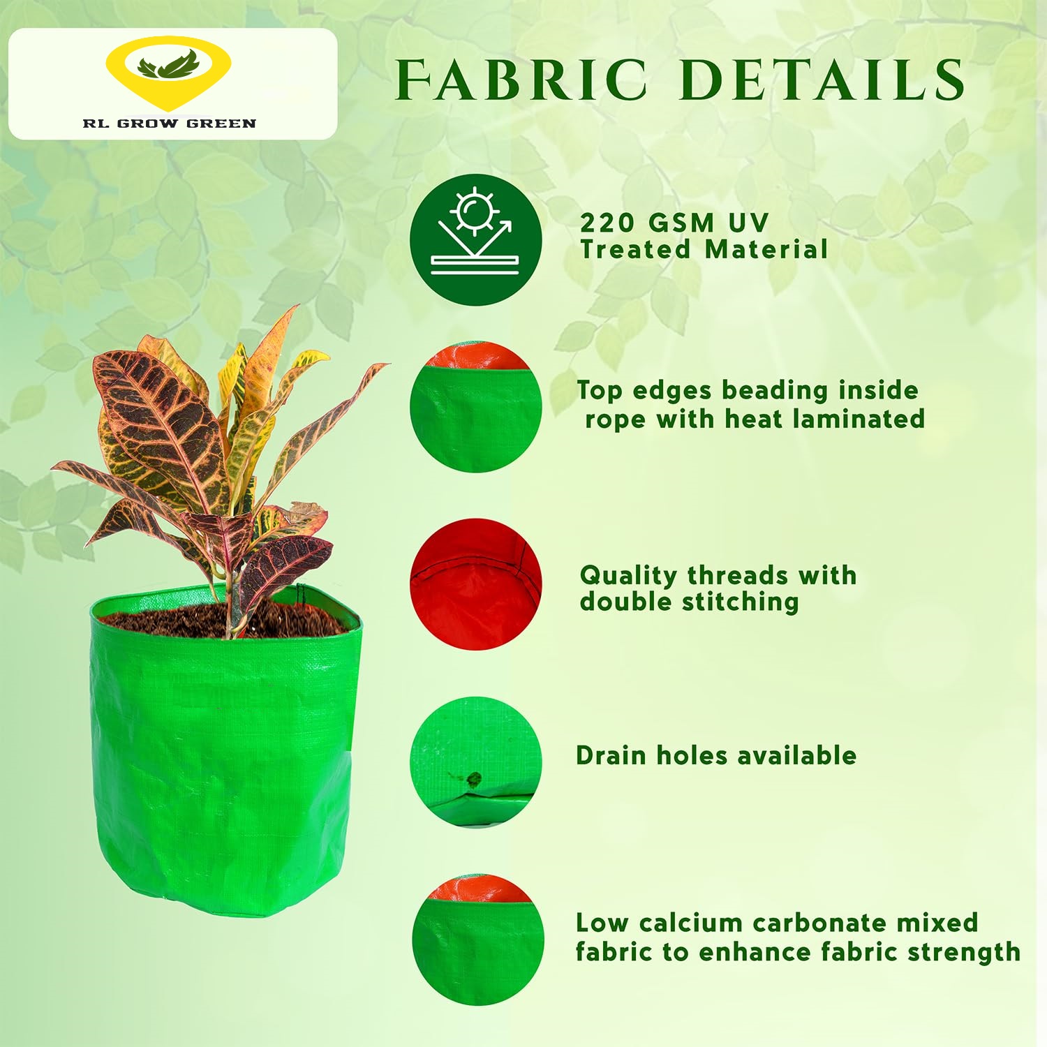 HDPE UV Plant Grow Bags, 12 x 12 inch,  Green, for Terrace Gardening and Fruit Plants(MultiPack)