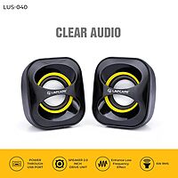 Lapcare LUS‑040: compact 2.0‑channel multimedia USB speaker (3 W × 2), 180 Hz–20 kHz frequency range, wired volume control, USB‑powered—plug & play, 1‑yr warranty.