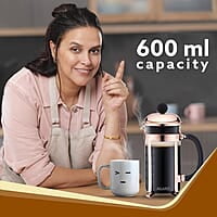 AGARO Royal French Press Coffee And Tea Maker, Borosilicate Glass Body With Sleeves, Glass Carafe, BPA Free Plastic Lid Strainer, 600Ml