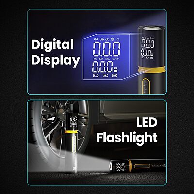 Portronics VAYU 5.0 Tyre Inflator – 4500mAh Portable | Digital Display | Black | 1 Year Warranty