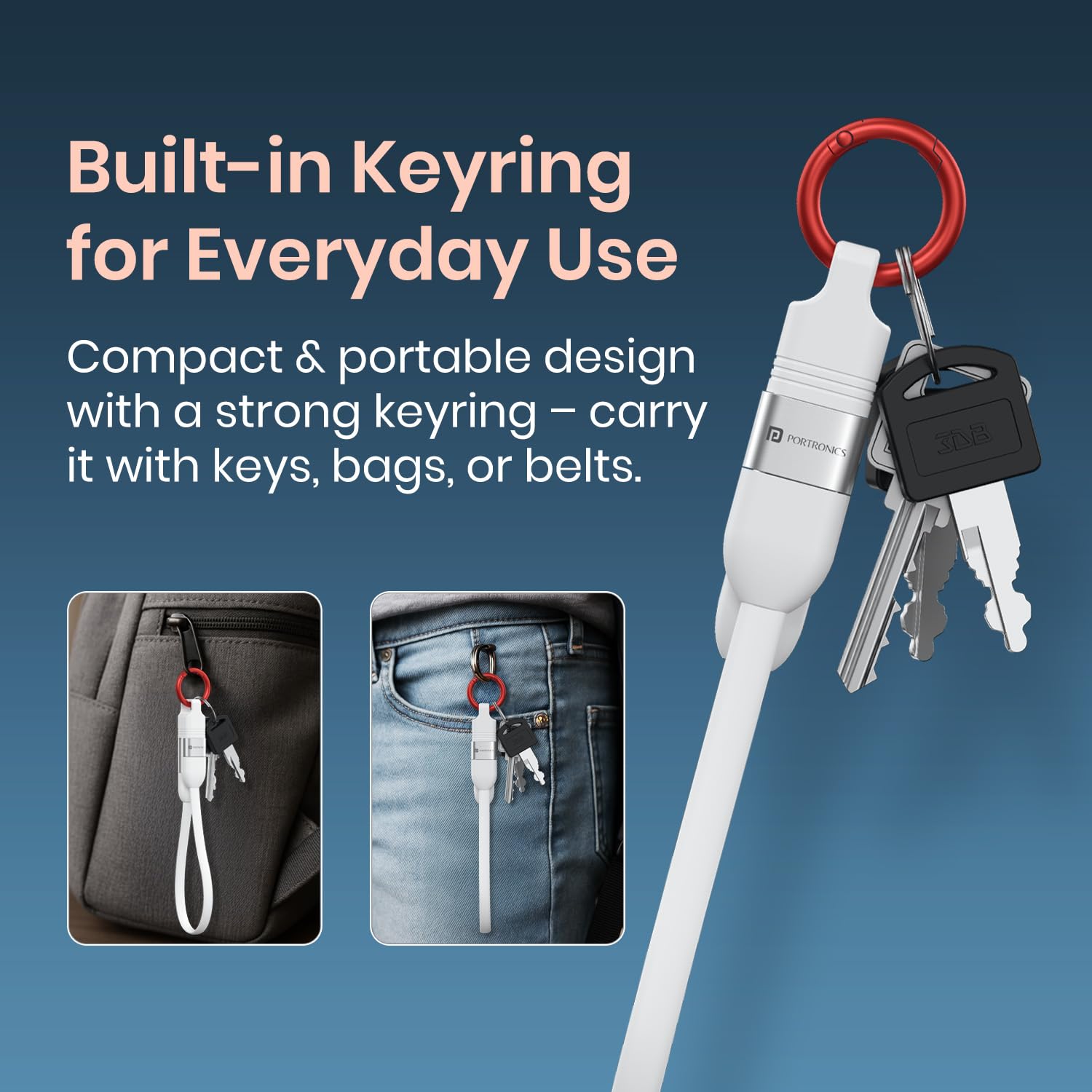 Portronics Keylink 4-in-1 Keychain Cable – 25cm USB, Type-C & Micro-USB for Compact On-the-Go Charging
