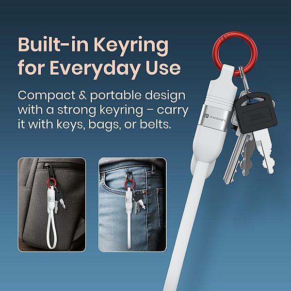 Portronics Keylink 4-in-1 Keychain Cable – 25cm USB, Type-C & Micro-USB for Compact On-the-Go Charging