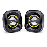 Lapcare LUS‑040: compact 2.0‑channel multimedia USB speaker (3 W × 2), 180 Hz–20 kHz frequency range, wired volume control, USB‑powered—plug & play, 1‑yr warranty.