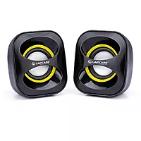 Lapcare LUS‑040: compact 2.0‑channel multimedia USB speaker (3 W × 2), 180 Hz–20 kHz frequency range, wired volume control, USB‑powered—plug & play, 1‑yr warranty.