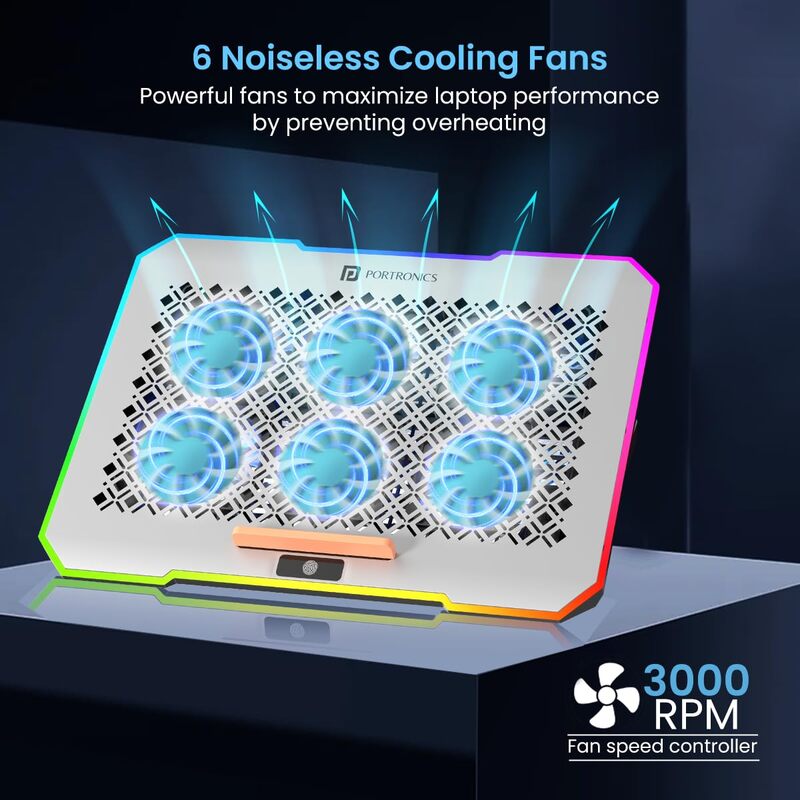 Portronics My Buddy Air Pro Laptop Cooling Pad – 6 Cooling Fans | 5-Level Angle & Height Adjustable | 10 RGB Light Modes | Mobile Stand | USB Powered | For Laptops Up to 17 Inches