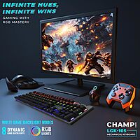 Lapcare Champ LGK‑105 mechanical gaming keyboard: aircraft‑grade metal frame, 50M keystroke life, anti‑ghosting, 7 RGB modes & braided cable.