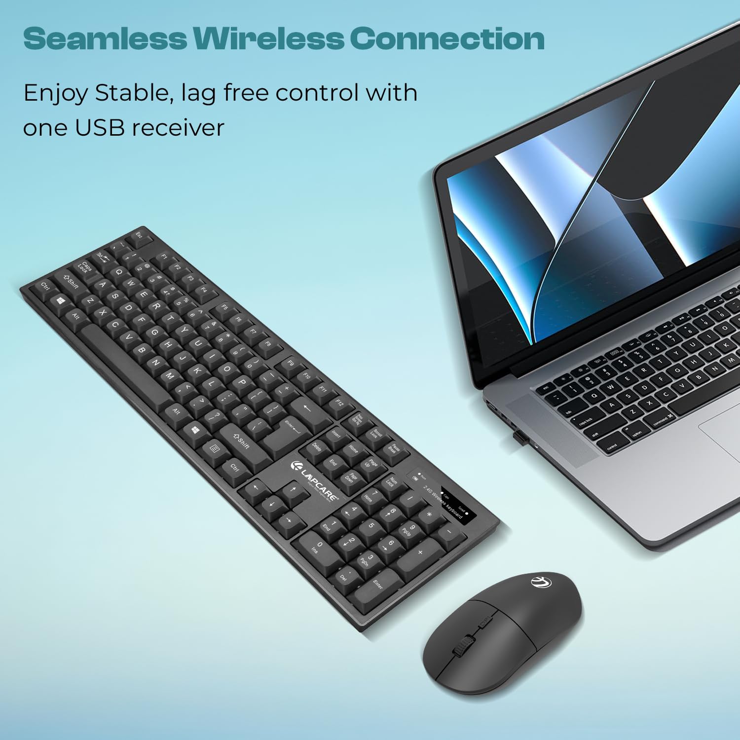 Lapcare WL‑102 combo: 104‑key spill‑resistant wireless keyboard, optical mouse (800–1600 DPI), low‑battery LED alert, USB nano‑receiver & power‑saving mode.