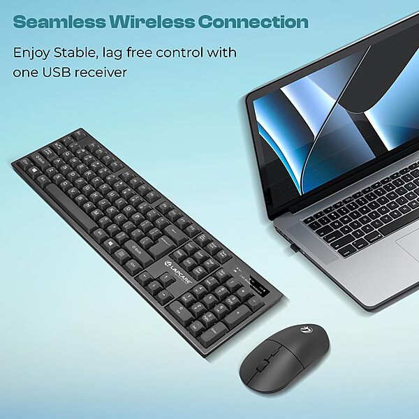 Lapcare WL‑102 combo: 104‑key spill‑resistant wireless keyboard, optical mouse (800–1600 DPI), low‑battery LED alert, USB nano‑receiver & power‑saving mode.