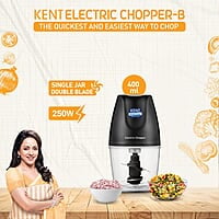 KENT Electric Chopper-B for Kitchen 250 Watt | Chop, Mince, Puree, Whisk, 400 ml Capacity | Stainless Steel Double Chopping Blades | Transparent Chopping Bowl | Anti-Skid | One Touch Operation | Black