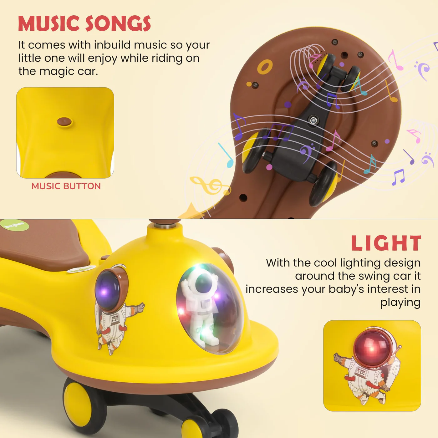Baybee Astro Baby Swing Car for Kids-Yellow/Brown Baybee Astro Baby Swing Car for Kids-Yellow/Brown