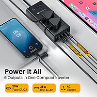 Portronics Zaptor 200W Car Inverter – Dual AC Sockets | Type-C PD & USB-A Fast Charging | Black