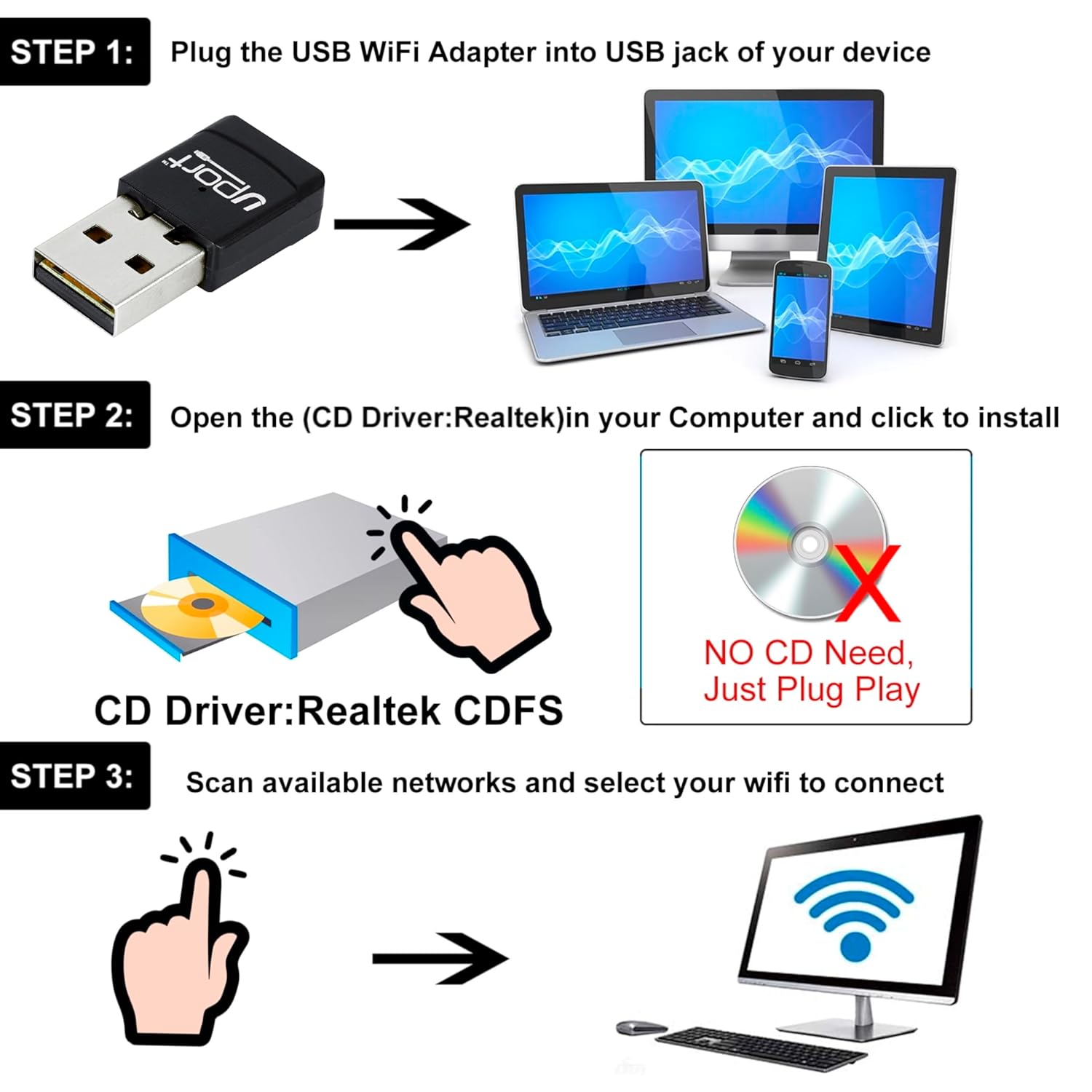 UPORT USB 5G 600 MBPS WiFi Adapter Driver Free Dual Band 2.4Ghz/5Ghz Wireless WiFi Receiver Dongle for PC, Laptop, Desktop Supports Windows 11,10,8.1,8,7,Xp/Mac Os 10.9-10.15