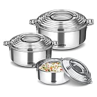 MILTON Galaxia Double Walled Stainless Steel Casserole, Set of 3, (1.2 Litre, 2.09 Litre, 2.45 Litre), Silver