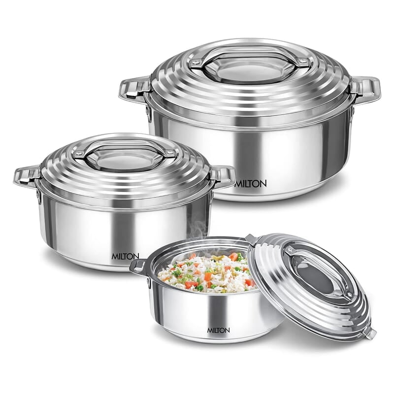 MILTON Galaxia Double Walled Stainless Steel Casserole, Set of 3, (1.2 Litre, 2.09 Litre, 2.45 Litre), Silver