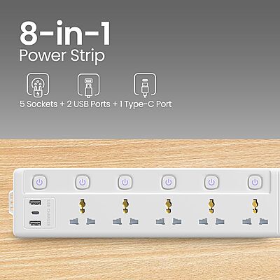Portronics Power Plate 20 Extension Board – 5 Sockets, 3m Cord, 2500W, Individual Switches
