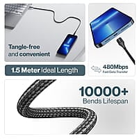 Ambrane 100W Type-C To Type-C Fast Charging Cable Compatible With iPhone 15,Samsung,Oneplus,Google Pixel,Laptop,Macbook&Type C Devices,480Mbps Data Sync,Braided Cable,1.5M Length(Abcc-100