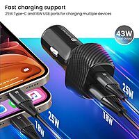 Portronics 43W Dual Output Car Charger 25W Type-C PD + 18W USB Fast Charging Black
