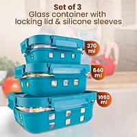 AGARO Imperial Borosilicate Glass Containers With Silicone Sleeves & With Lock Lid, 3 pcs Set, 370ml, 640ml, 1050ml Cyan.