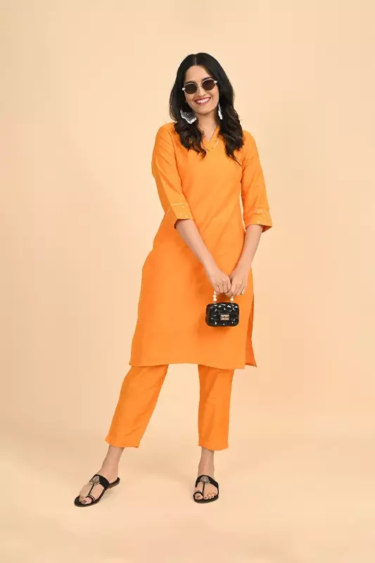 Women V-Neck Long Kurta - Yellow