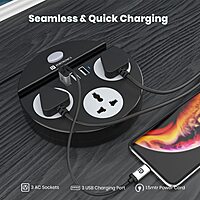 Portronics Power Plate 5 Black features 5 USB ports for charging multiple devices simultaneously. Its sleek design includes a holder for convenience, making it perfect for home or office use.
