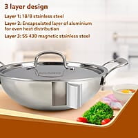 AGARO Regency Tri-Ply Steel Kadai, 2.25L Capacity, 24 cm  Stainless Steel