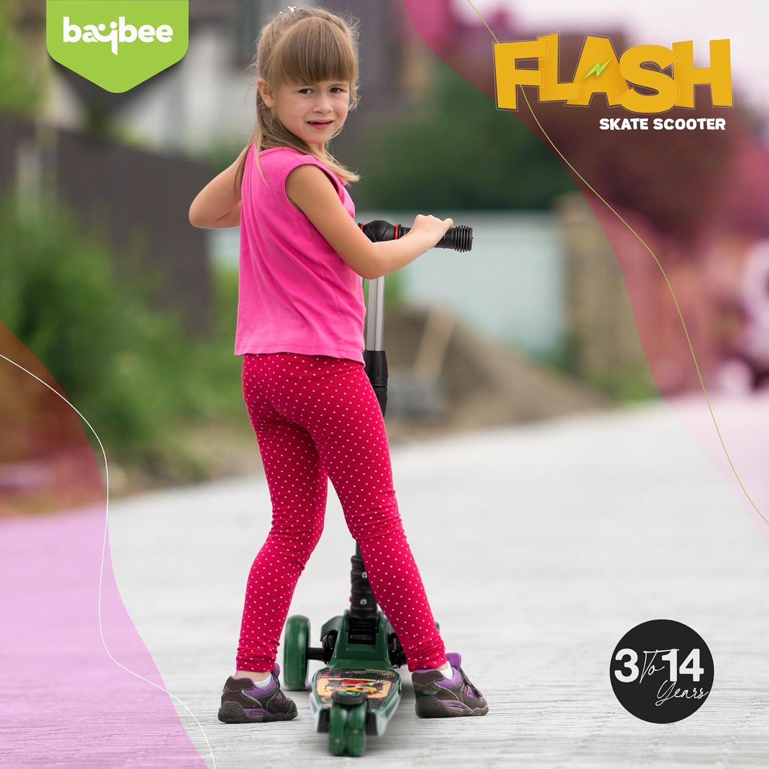 Baybee Flash Scooter for Kids with Foldable & Height Adjustable Handle- Green Baybee Flash Scooter for Kids with Foldable & Height Adjustable Handle- Green