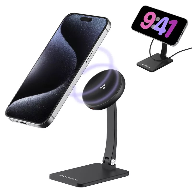 Portronics Qi2 MagSafe 15W Wireless Charger for iPhone 15–16 | Foldable | Black