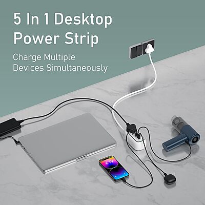 Portronics Volt 65 Pro Desktop Charger – 67W Dual Type-C PD, USB, AC Sockets, White