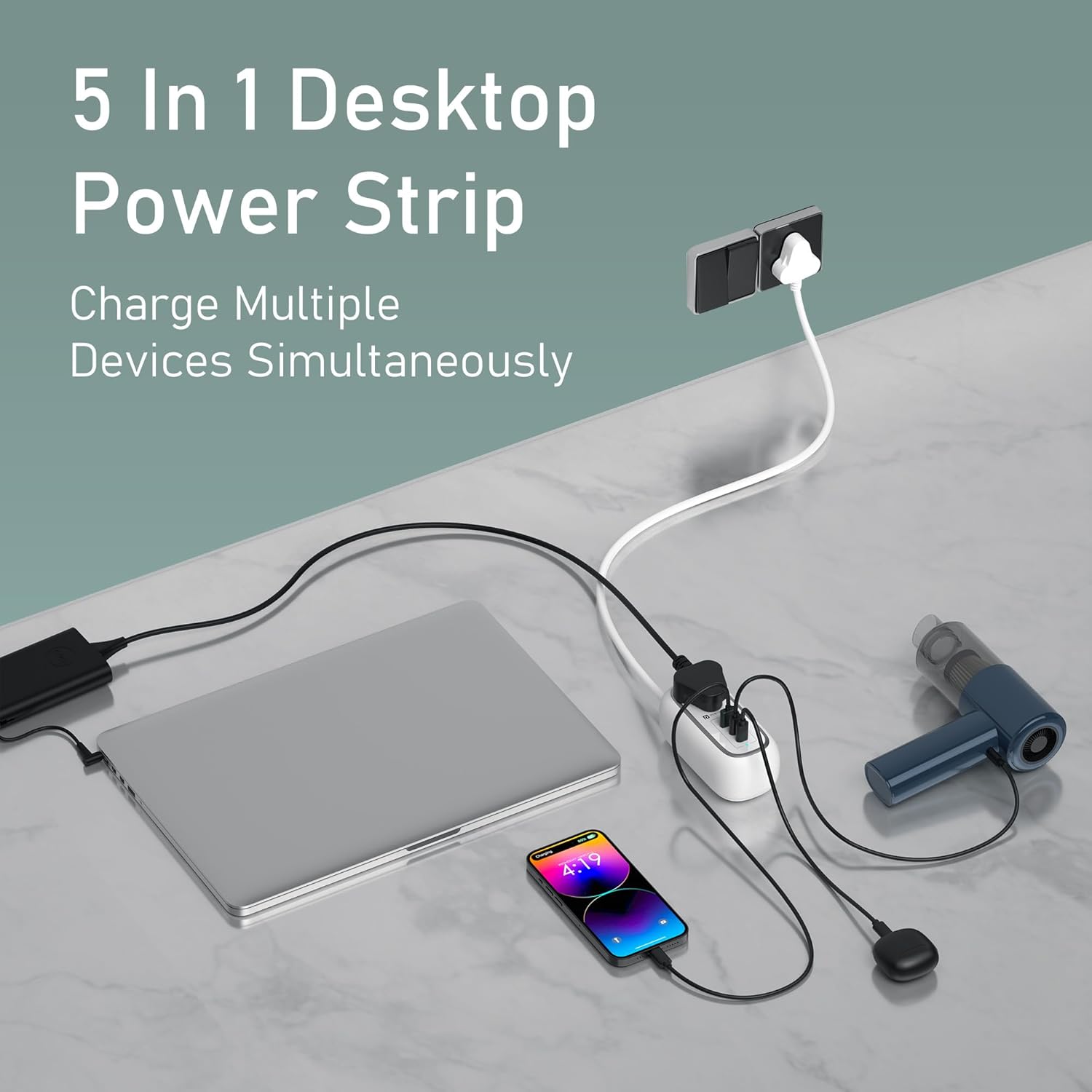 Portronics Volt 65 Pro Desktop Charger – 67W Dual Type-C PD, USB, AC Sockets, White