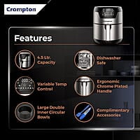 Crompton NourisPro DG 4.5 Ltr Digital Air Fryer with Quick Fry Technology 1500 Watts Double Inner Bowl for Easy Cleaning